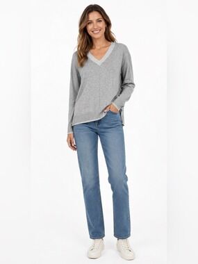 LANDS’ END 100% Cotton Women’s Grey Vee Neck Long Sleeve Sweater Unisex US Sz S